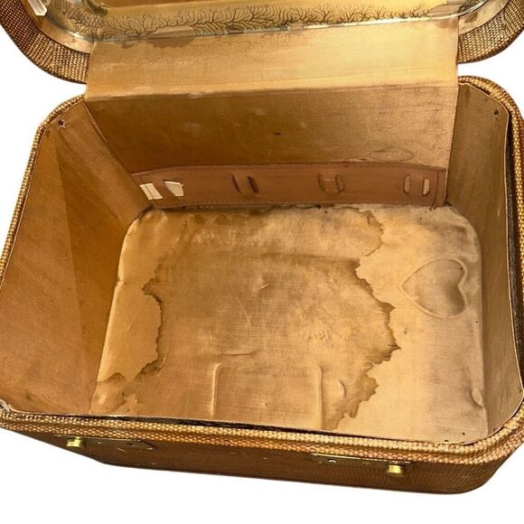 VTG MCM WOODEN, tweed, textured train case w mirror Hard Shell Train/Cosmetic/Ma - Picture 8 of 9